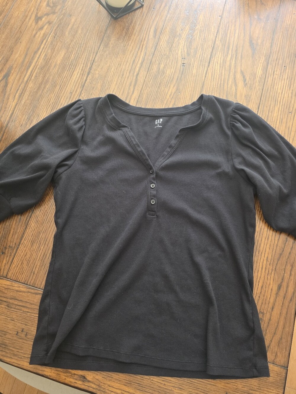 GAP Black Henley Puff-Sleeve Long Sleeve Top